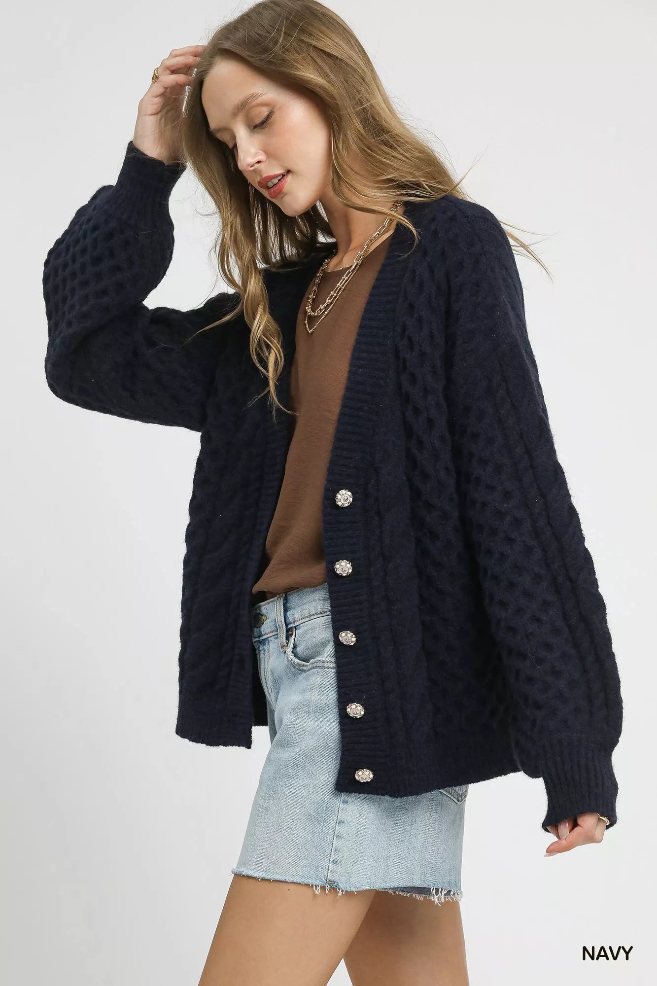 Umgee Cable Knit Pearl Button Cardigan – Navy