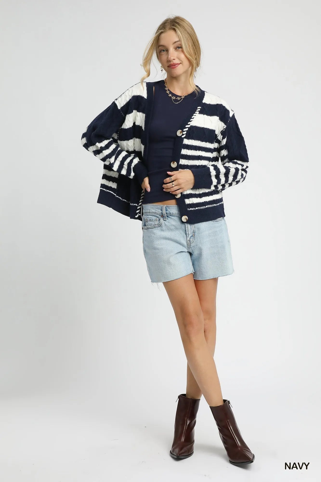 Umgee Navy & Ivory Cable-Knit Stripe Button-Up Cardigan