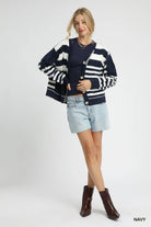 Umgee Navy & Ivory Cable-Knit Stripe Button-Up Cardigan