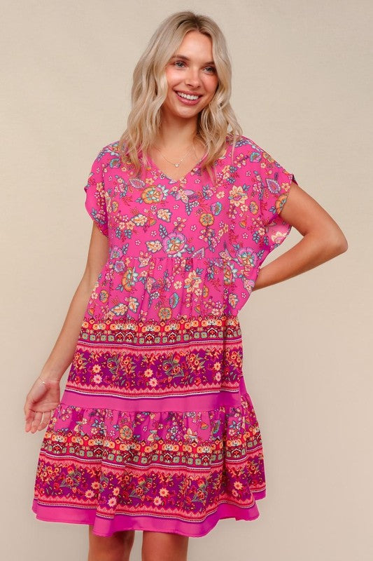 Haptics Fuchsia Floral Print V Neck Dolman Sleeve Dress