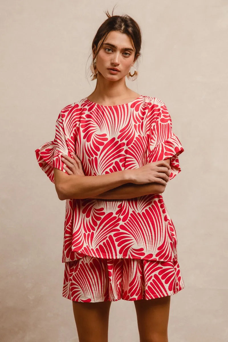 BiBi Print Woven Ruffled Sleeves Blouse