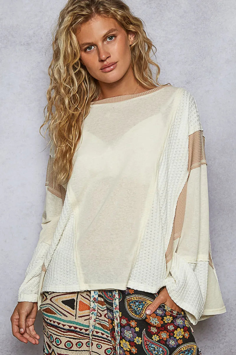 POL Contrast Round Neck Long Sleeve T-Shirt Cream