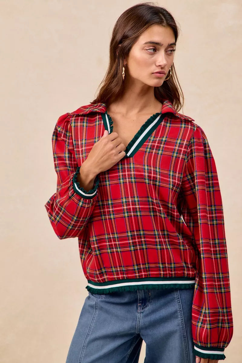 BiBi Christmas Red Plaid Collared Top with Ruffled Detail