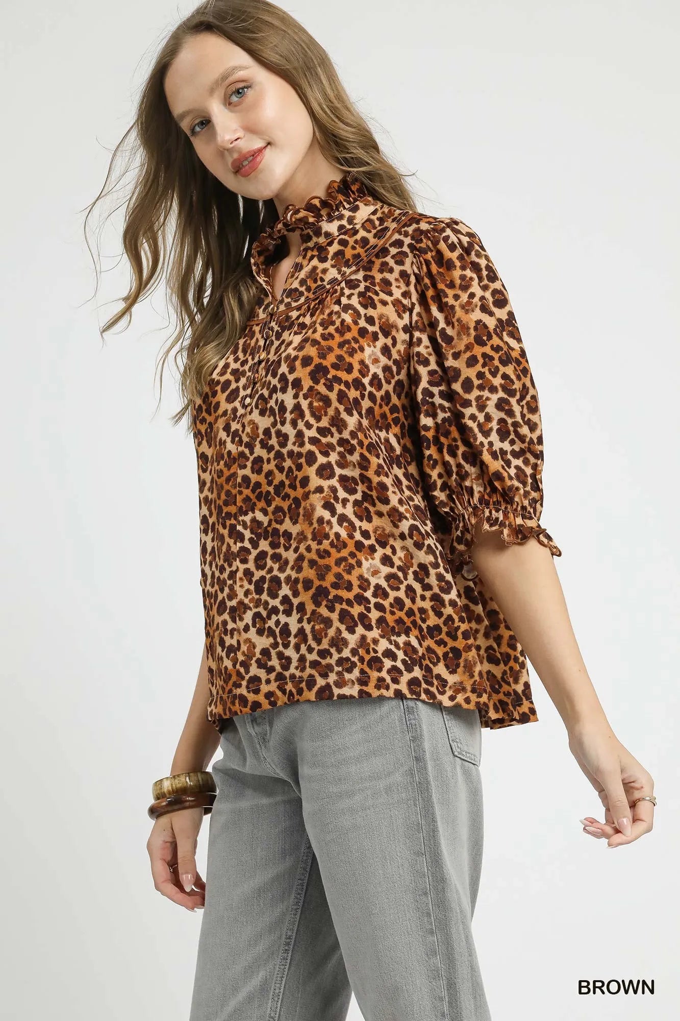 Umgee Brown Leopard Print Ruffle Neck Blouse