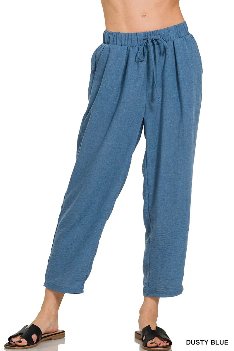 Zenana Woven Crepe Elastic Band Waist Pants DUSTY BLUE