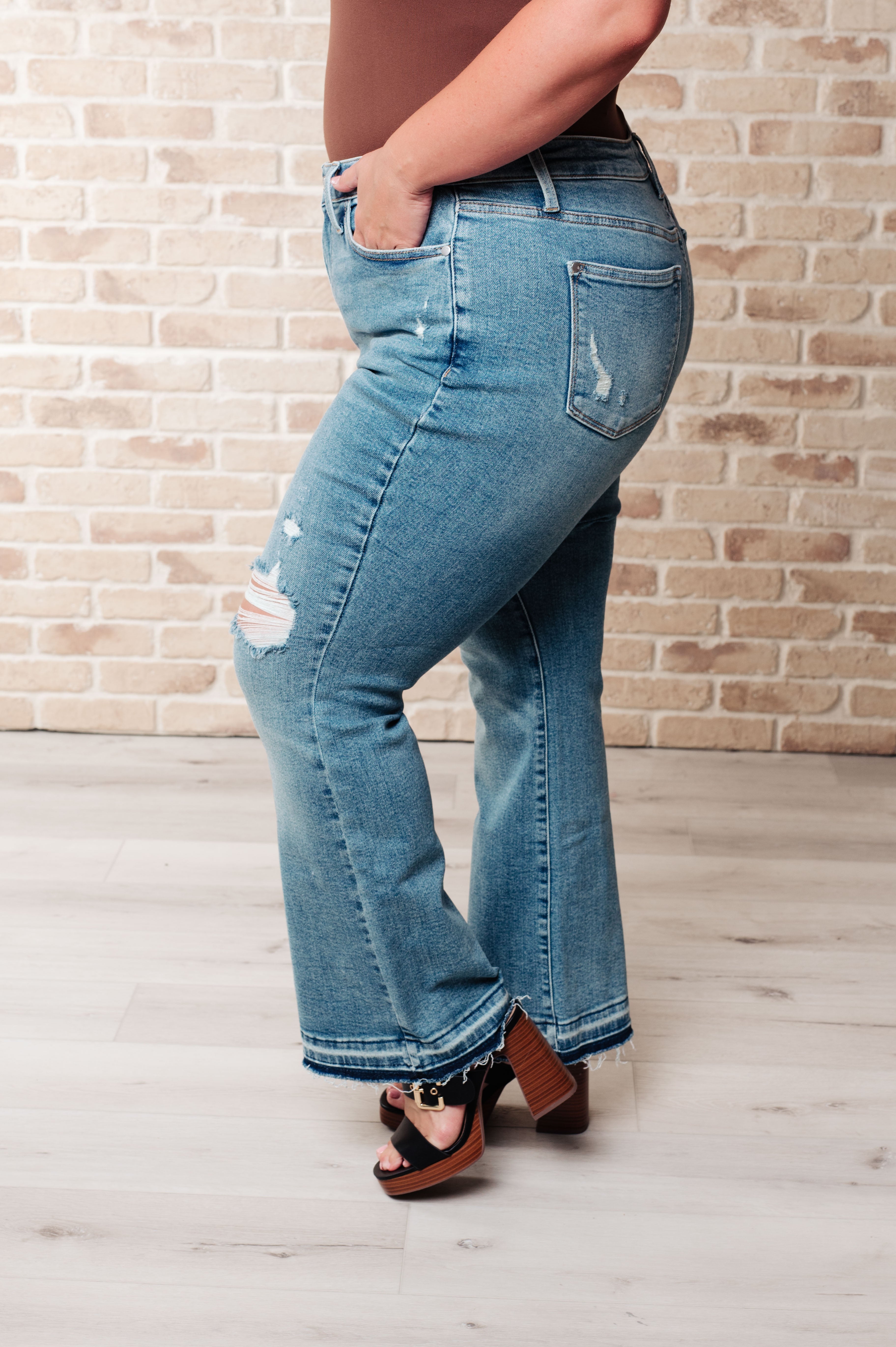 Judy Blue Isla Mid Rise Distressed Released Hem Bootcut Jeans Jeans