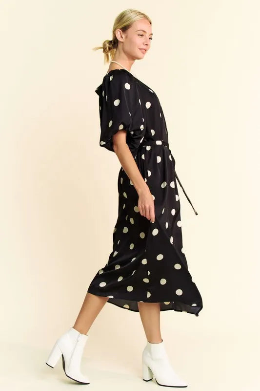 Davi & Dani Black Polka Dot Puff Sleeves Waist Tie Midi Dress