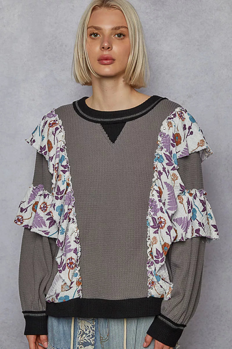 POL Charcoal Round Neck Sweater with Floral Ruffle Detail CHARCOAL