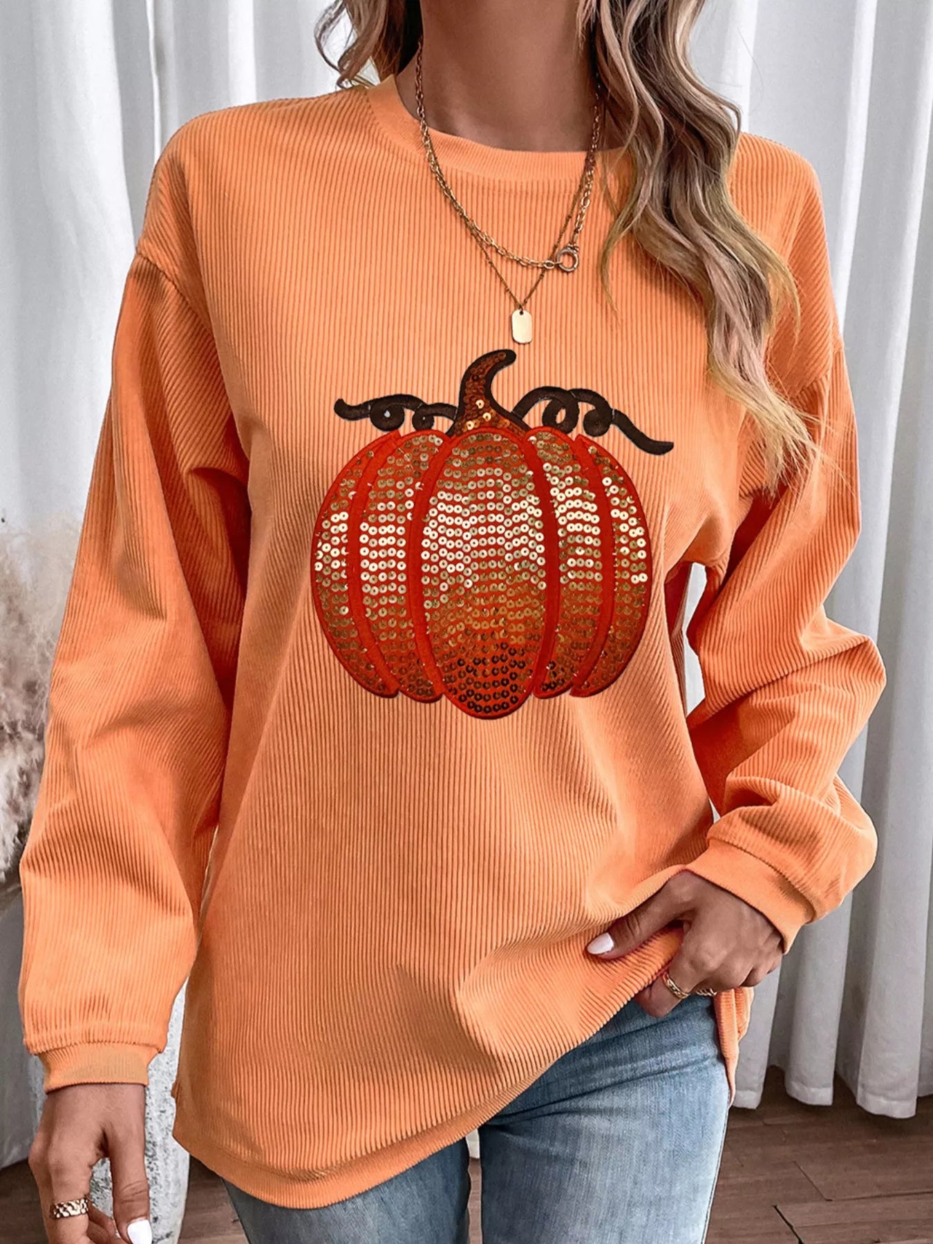 Preorder: Tangerine Halloween Sequined Pumpkin Ribbed Round Neck Sweatshirt