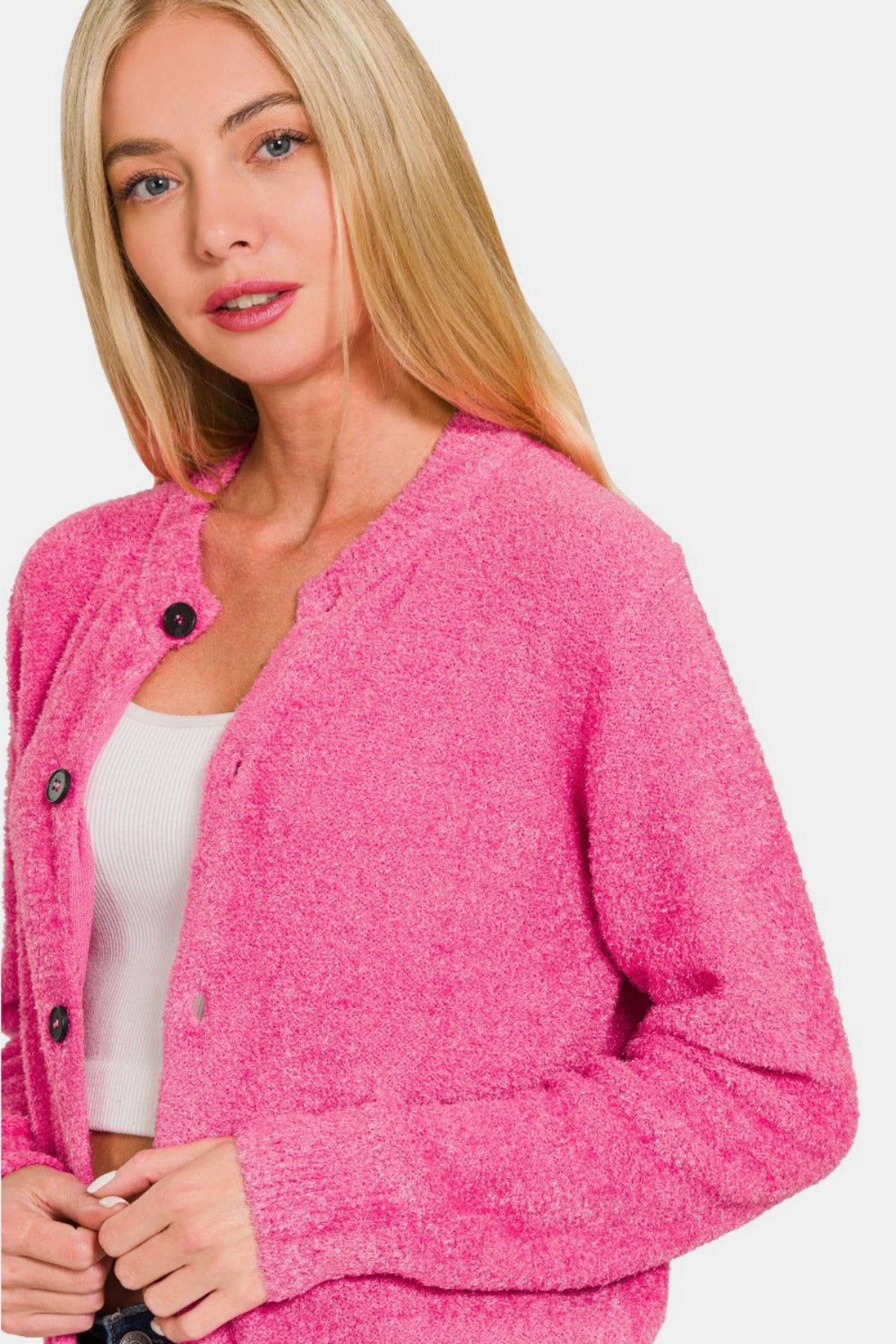 Zenana Fuchsia Button Down Long Sleeve Sweater Cardigan