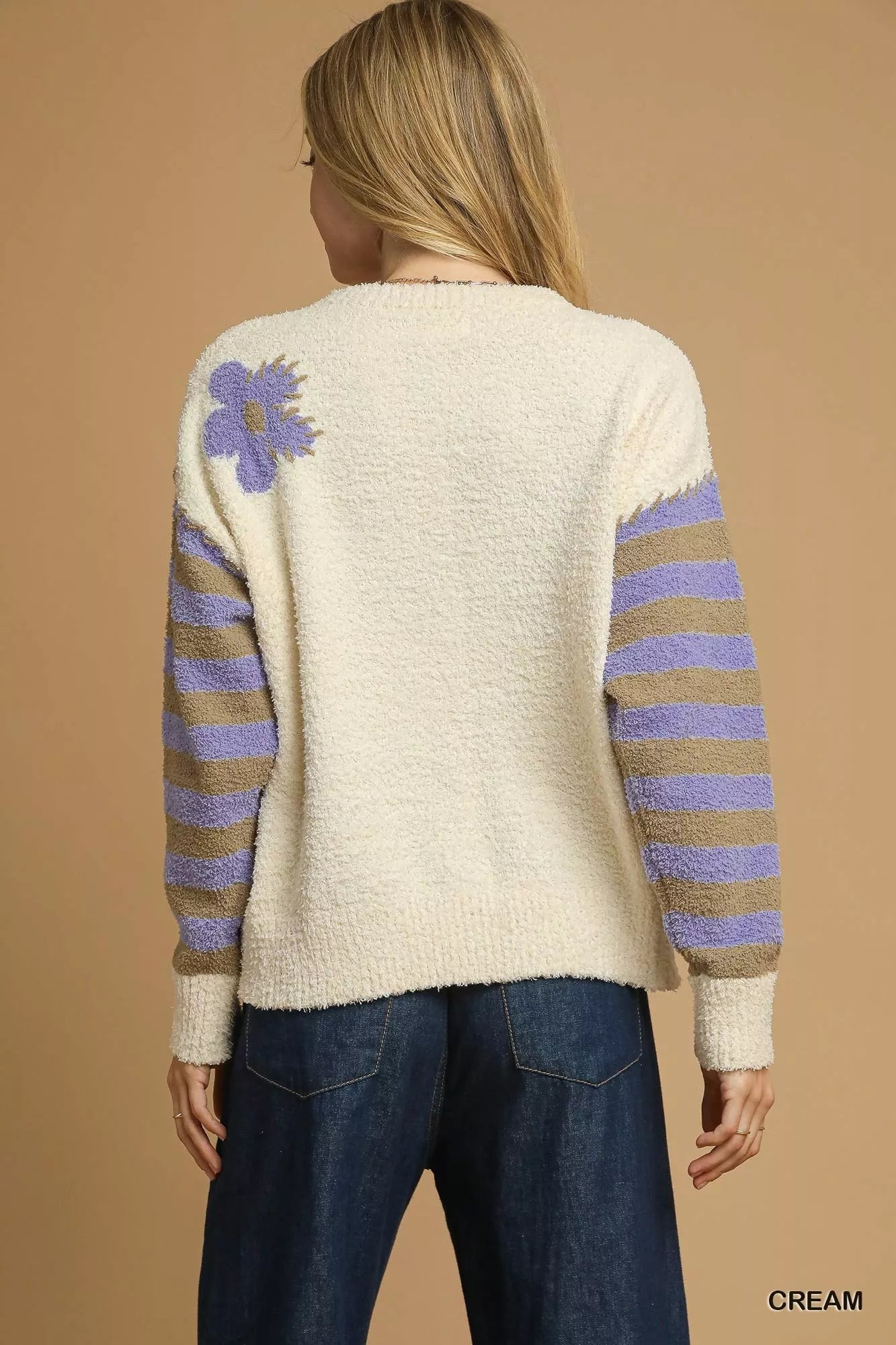 Umgee Cream Flower Jacquard Striped Long Sleeve Sweater