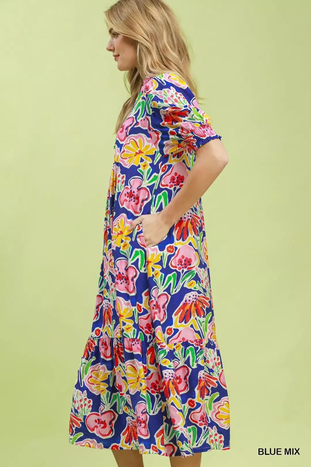Umgee Blue Mix Floral Print Puff Sleeve Tiered Midi Dress