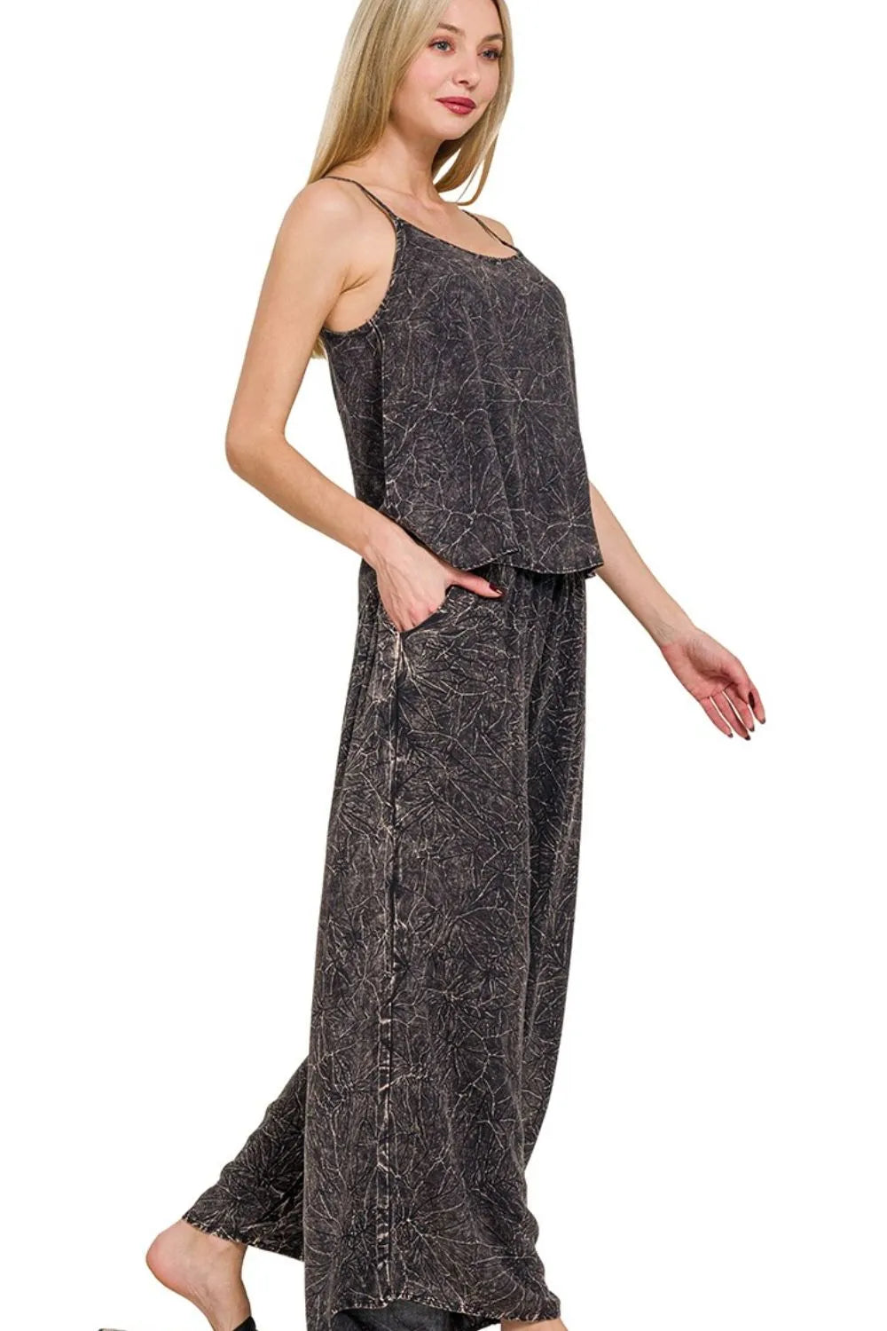 Zenana Ash Black Woven Acid Crinkle Washed Cami & Pants 2 Piece Set