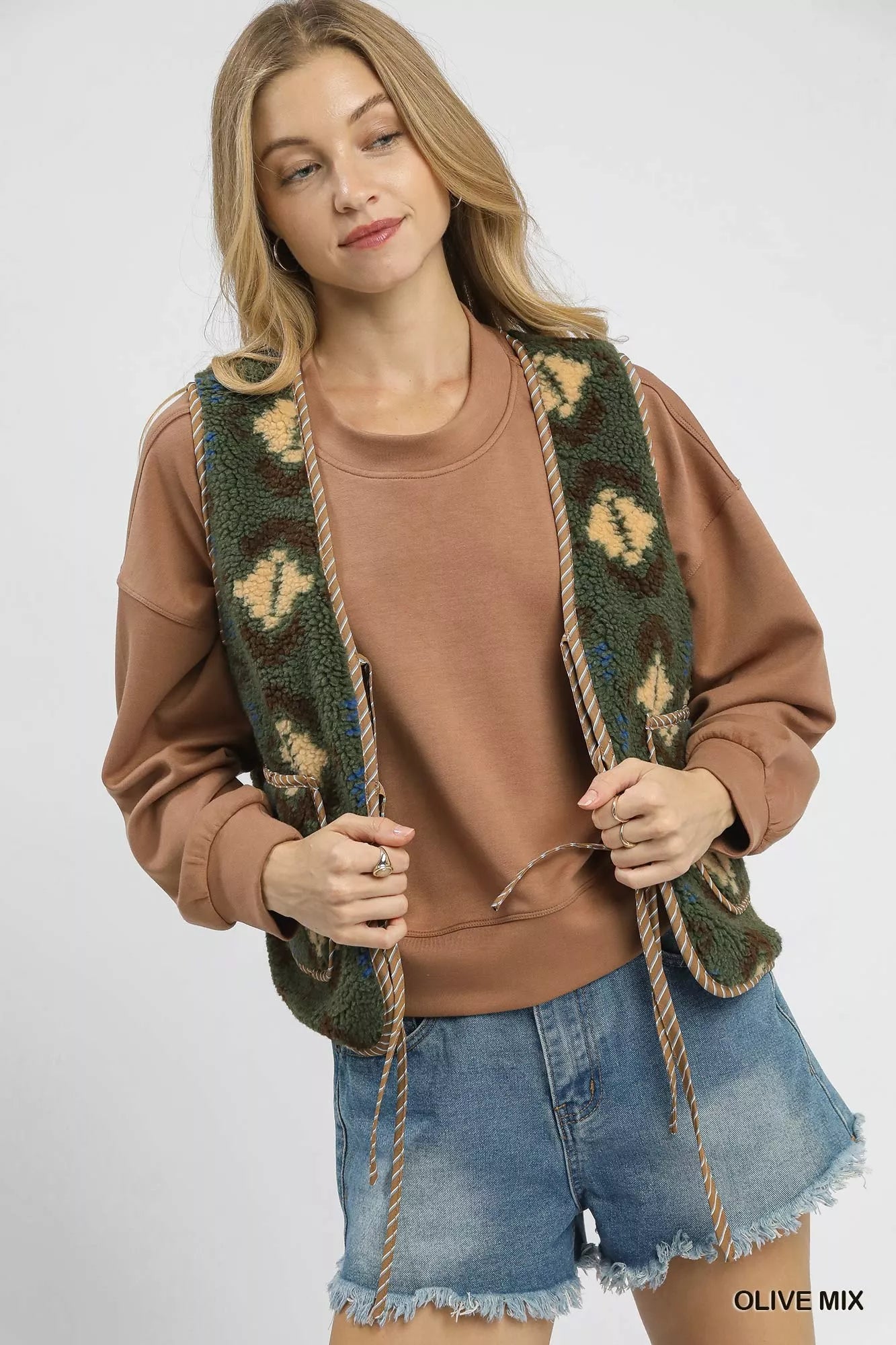 Umgee Mix Patterned Sherpa Tie-Front Vest – Olive Mix