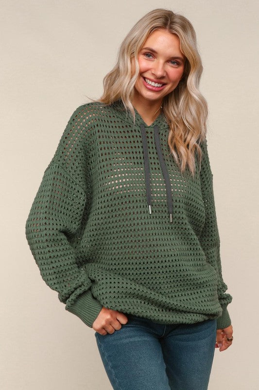 Haptics Fishnet Drawsting Olive Oversized Pullover Hoodie