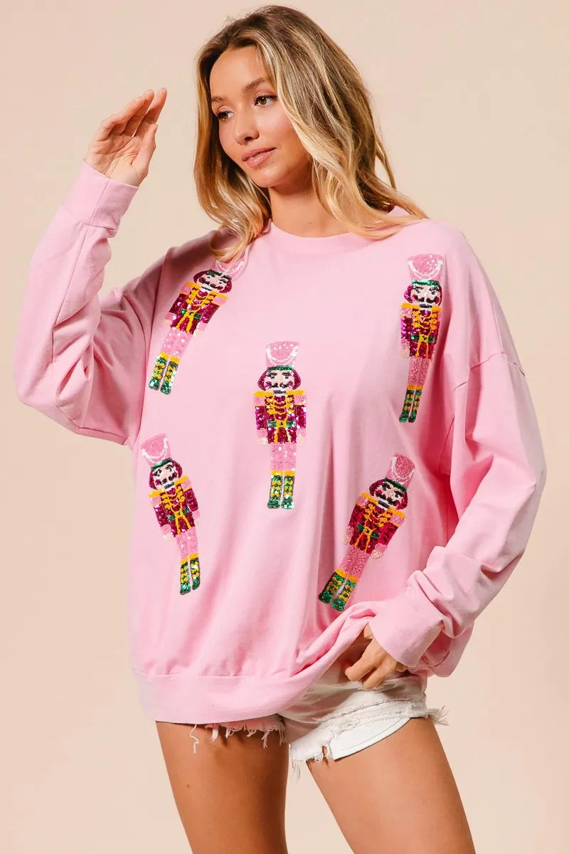 BiBi Light Pink Sequin Nutcrackers Embroidery Christmas Sweatshirt
