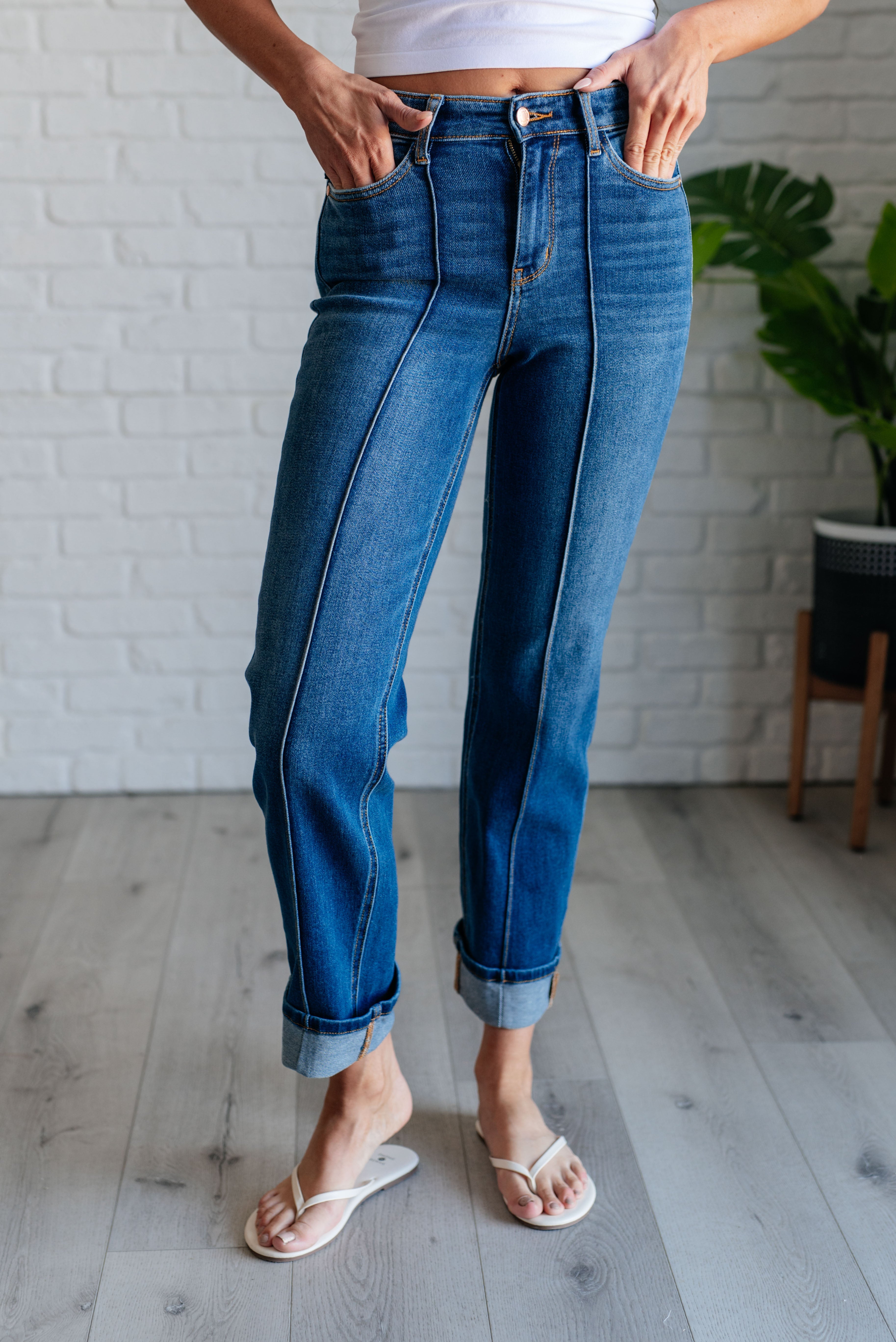 Judy Blue Campbell High Rise Center Seam Detail Straight Jeans Denim