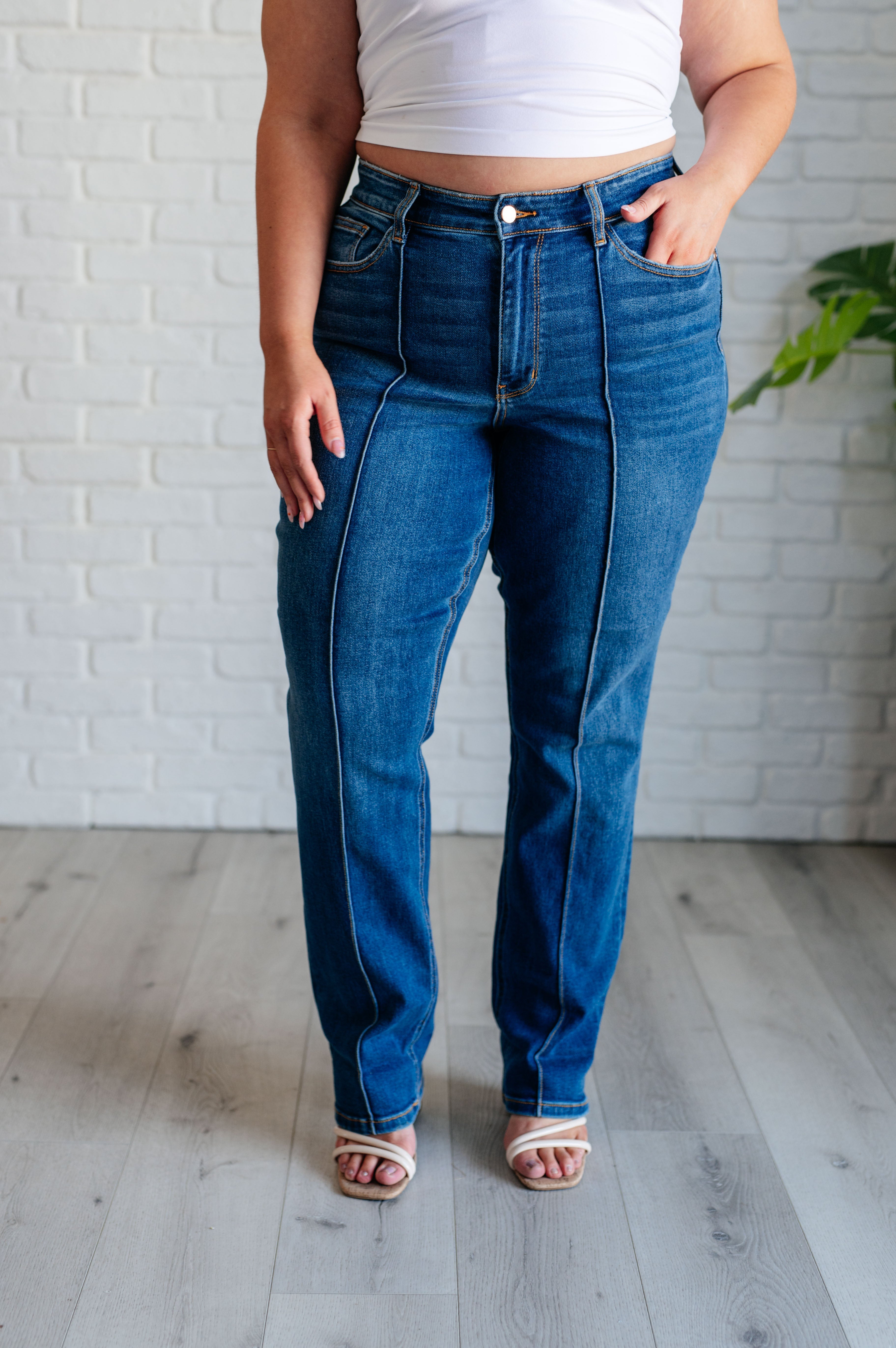 Judy Blue Campbell High Rise Center Seam Detail Straight Jeans Denim