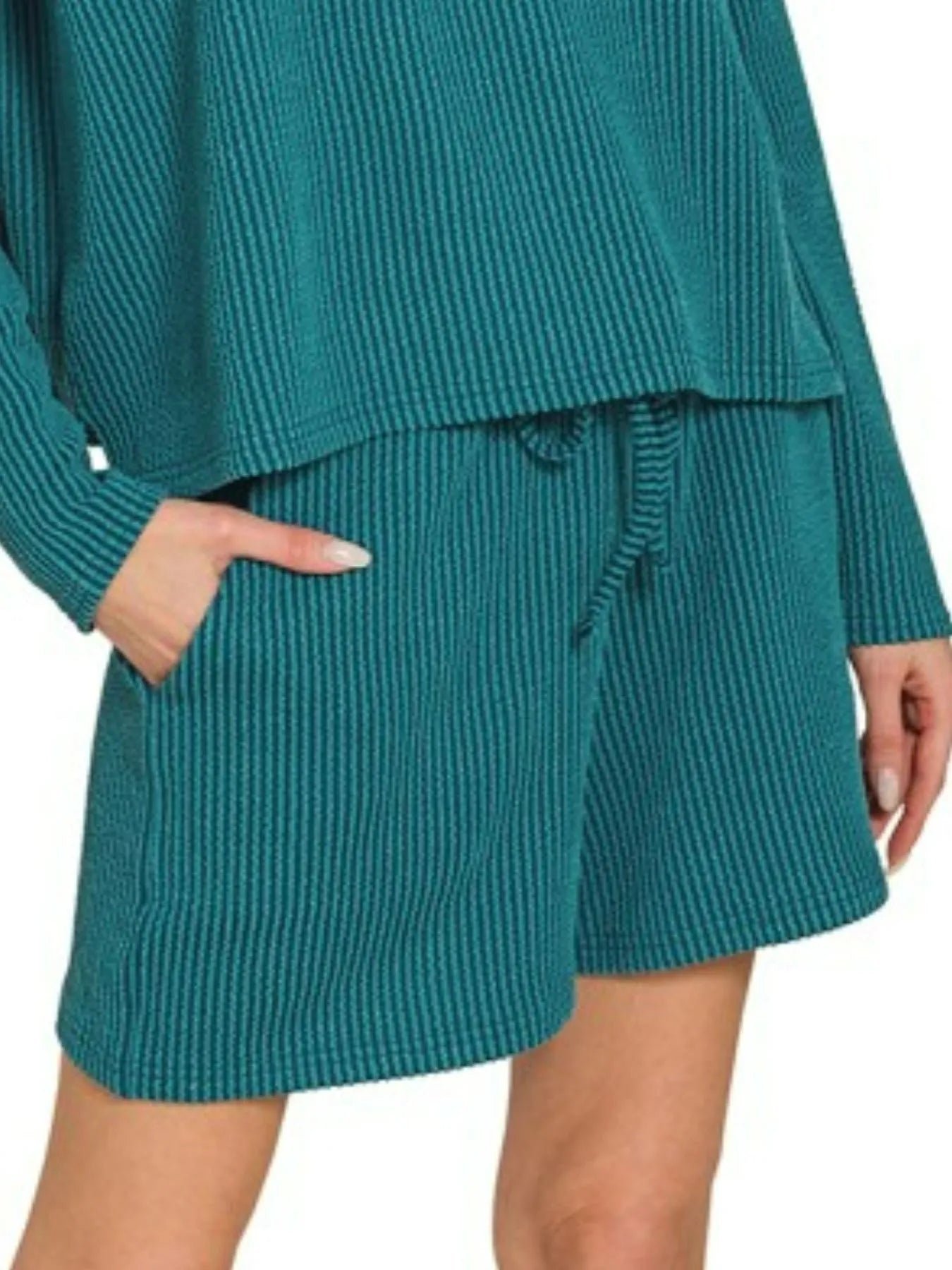 Zenana Teal Corded Rib Long Sleeve Tee and Shorts Set