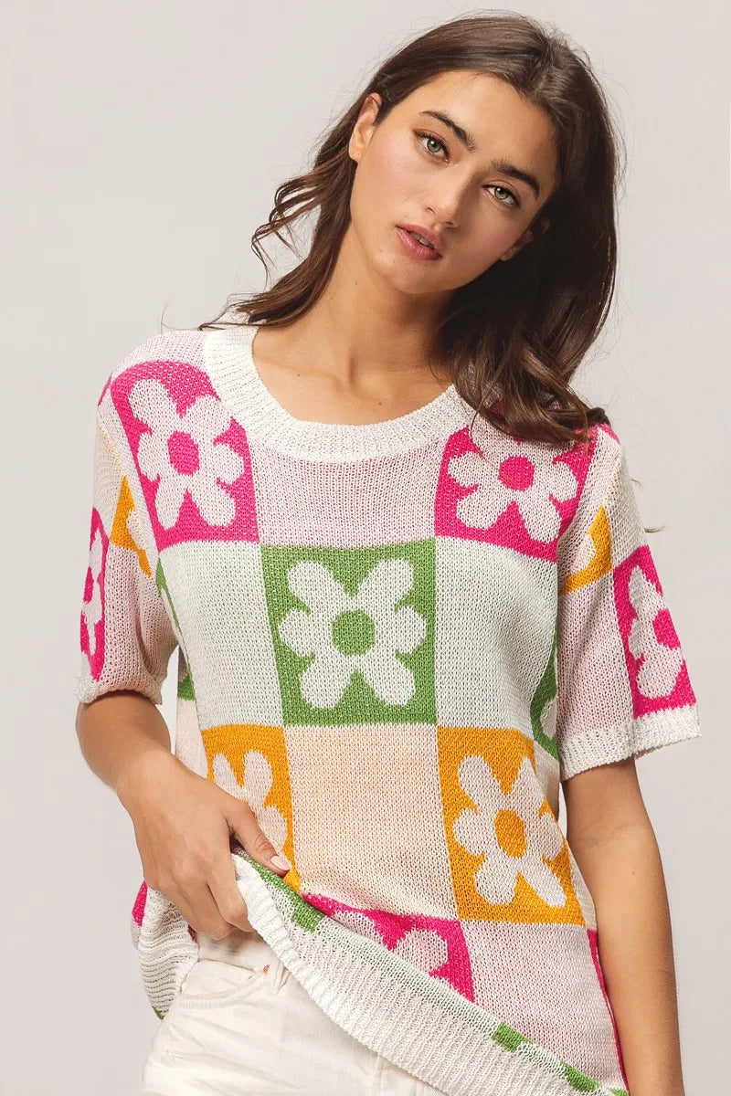 BiBi Multi Color Flower Checker Pattern Lightweight Sweater Top IVRY FUCH OLIVE MUST