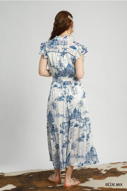 Umgee Sky Blue Two Tone Landscape Print Midi Dress