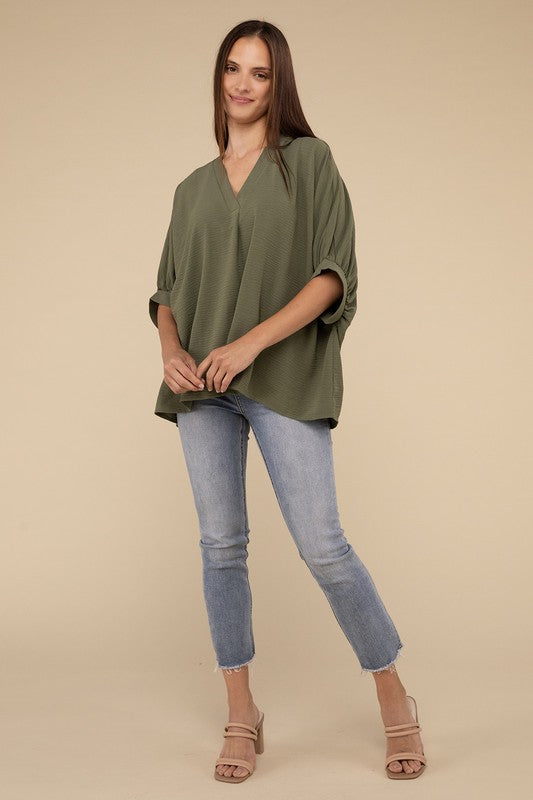 Zenana Light Olive Woven Airflow V-neck Puff Half Sleeve Top