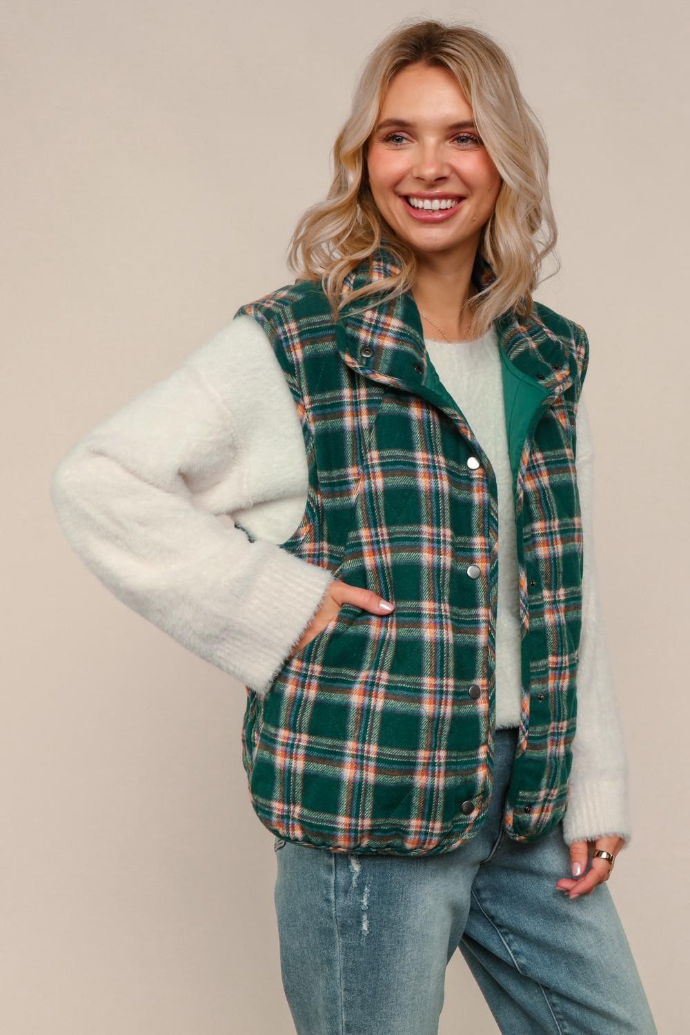 Haptics Green Snap Button Down Plaid Quilted Puffer Vest