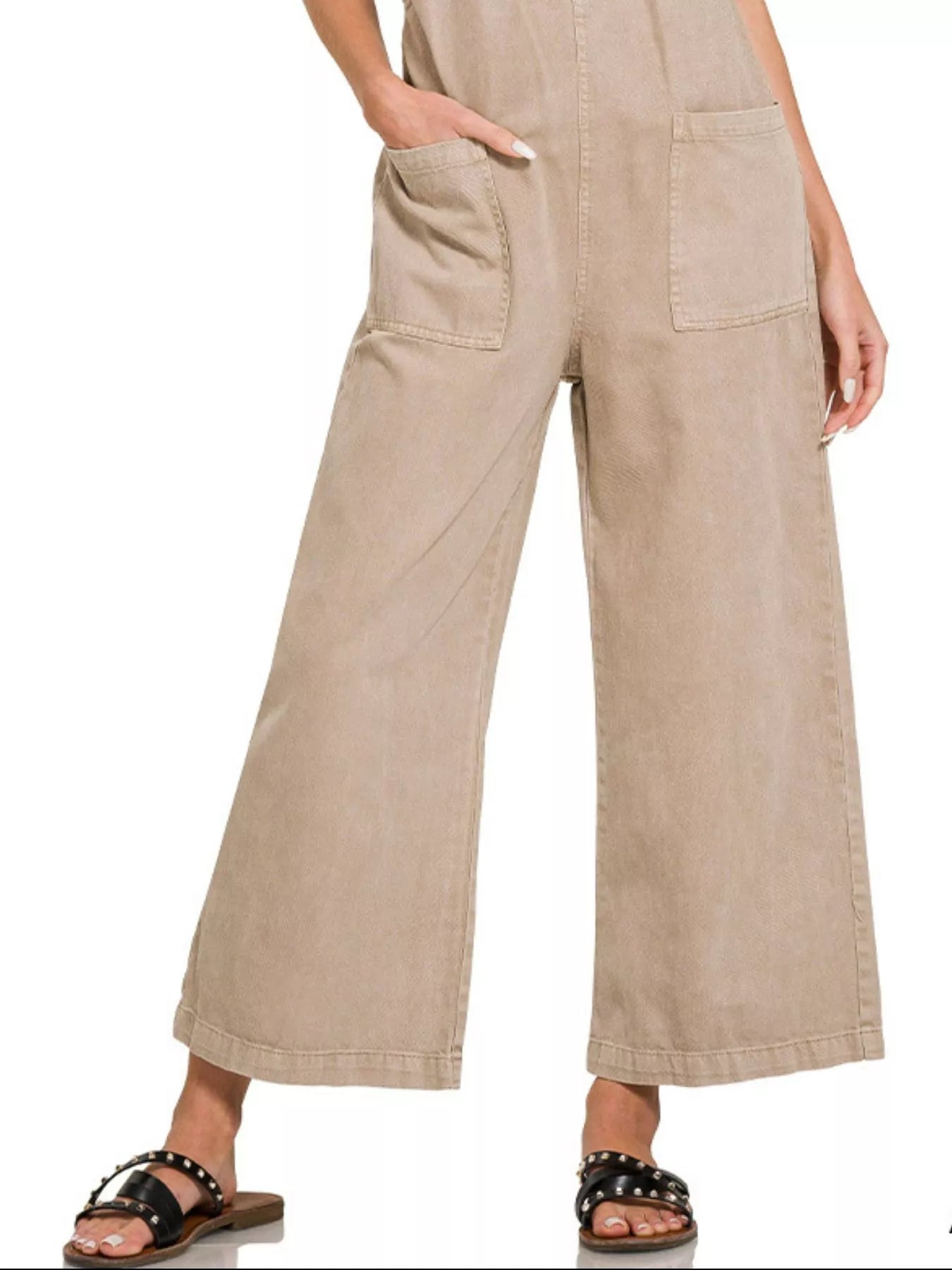 Zenana Ash Mocha Washed Knot Strap Pockets Jumpsuit