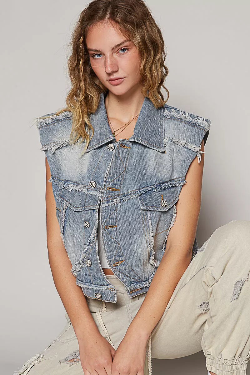 POL Denim Assymetrical Front Closure Raw Hem Denim Vest