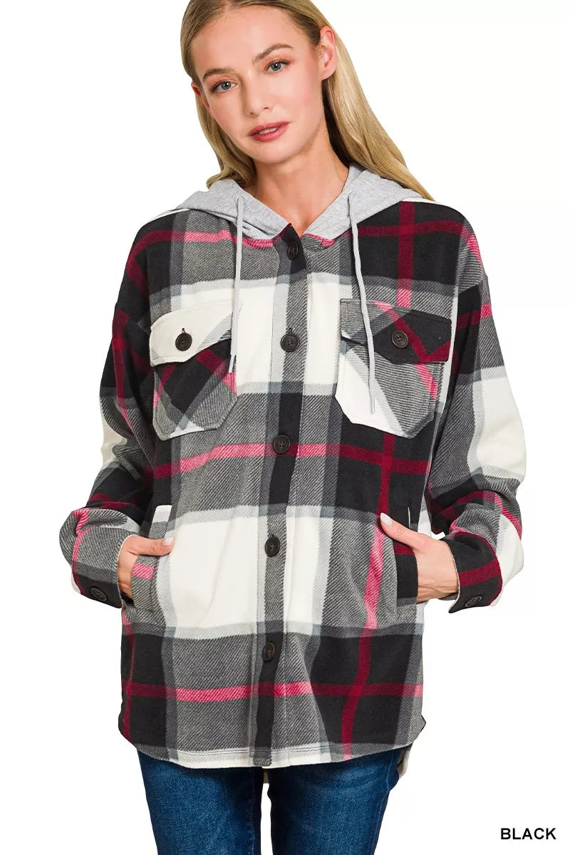 Zenana Black Plaid Drawstring Hooded Fleece Shacket BLACK