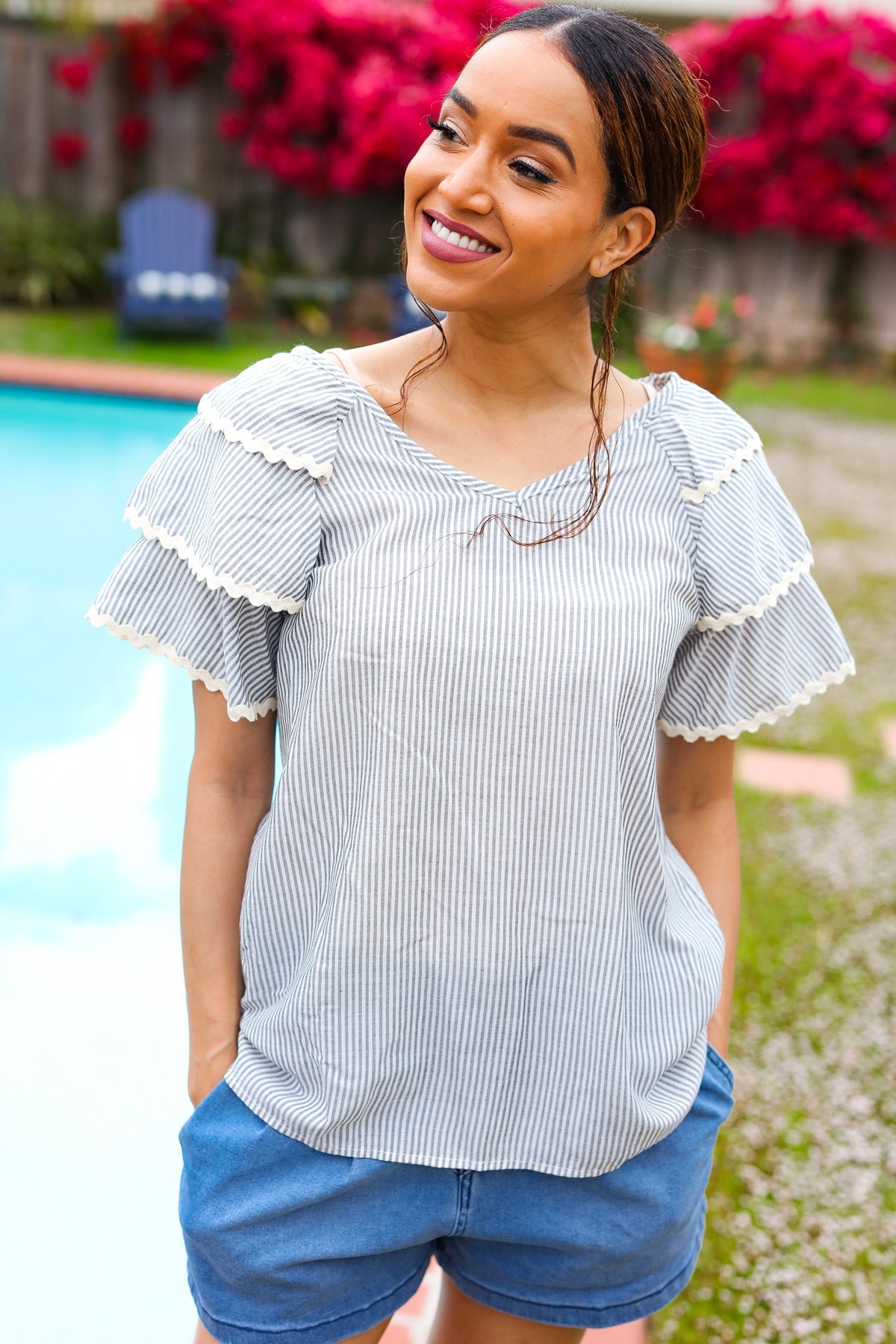 Haptics Lovely In Gray Stripe Tiered Ruffle Sleeve Ric Rac Trim Top 2024 Summer Blow Out Sale