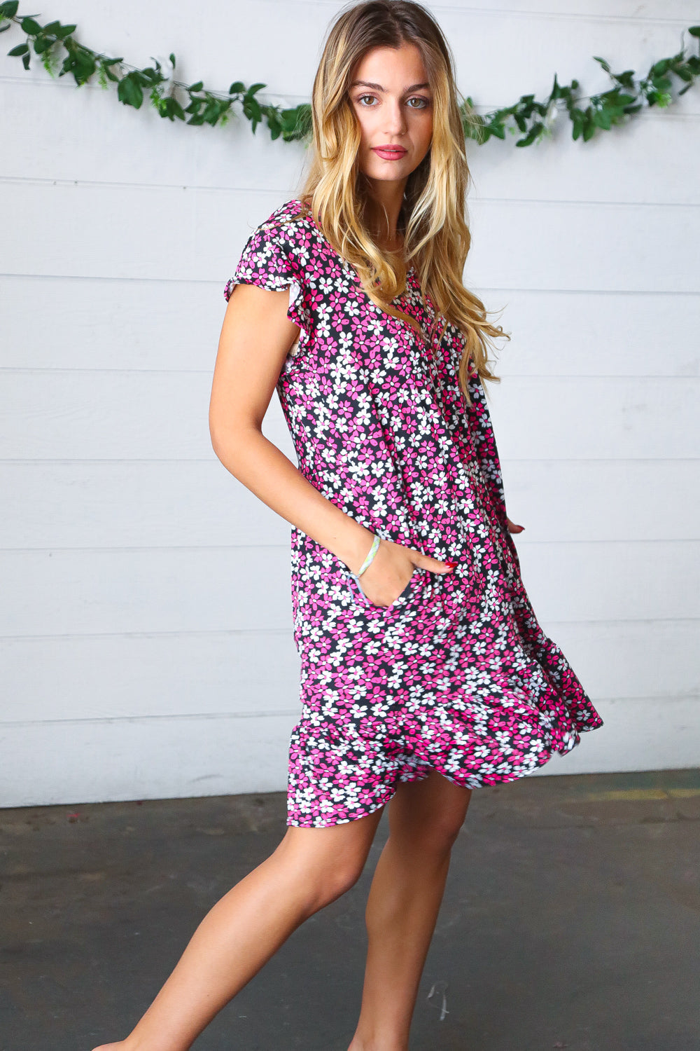 Haptics Black Multicolor Floral Babydoll Flutter Sleeve Midi Dress Final Sale