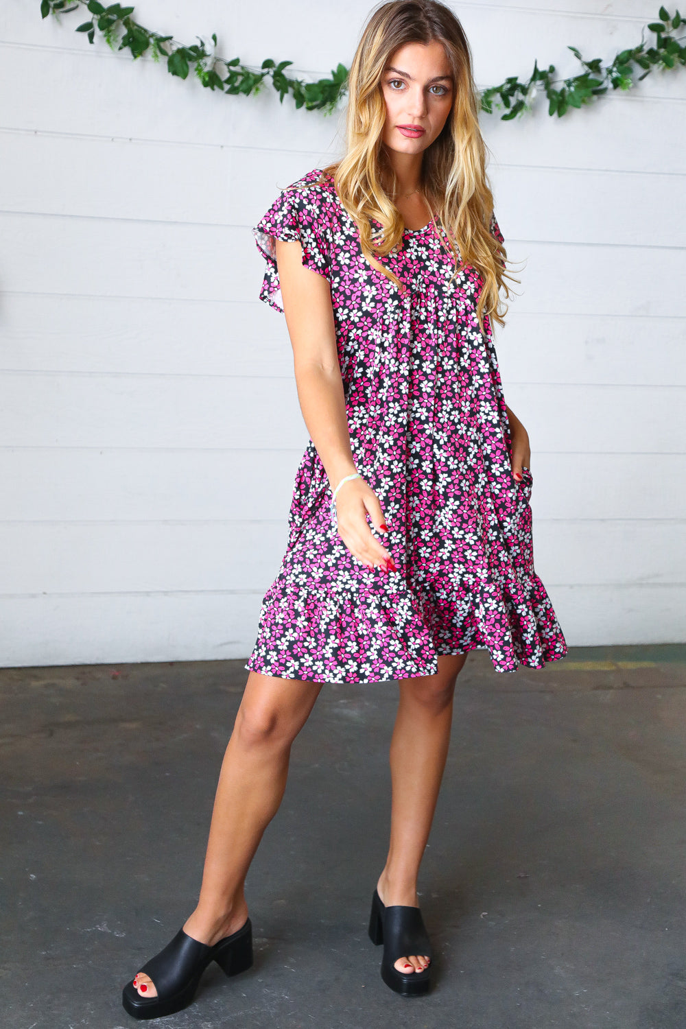 Haptics Black Multicolor Floral Babydoll Flutter Sleeve Midi Dress Final Sale