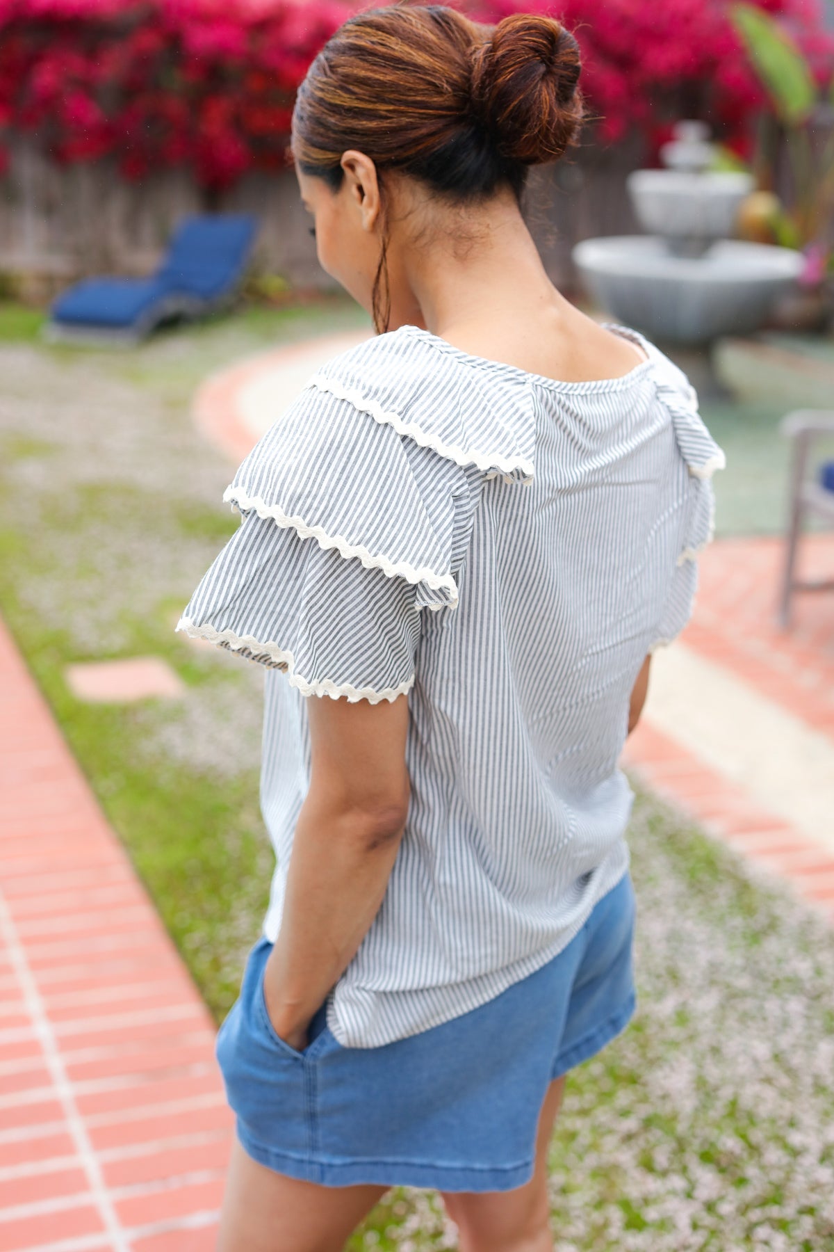 Haptics Lovely In Gray Stripe Tiered Ruffle Sleeve Ric Rac Trim Top 2024 Summer Blow Out Sale
