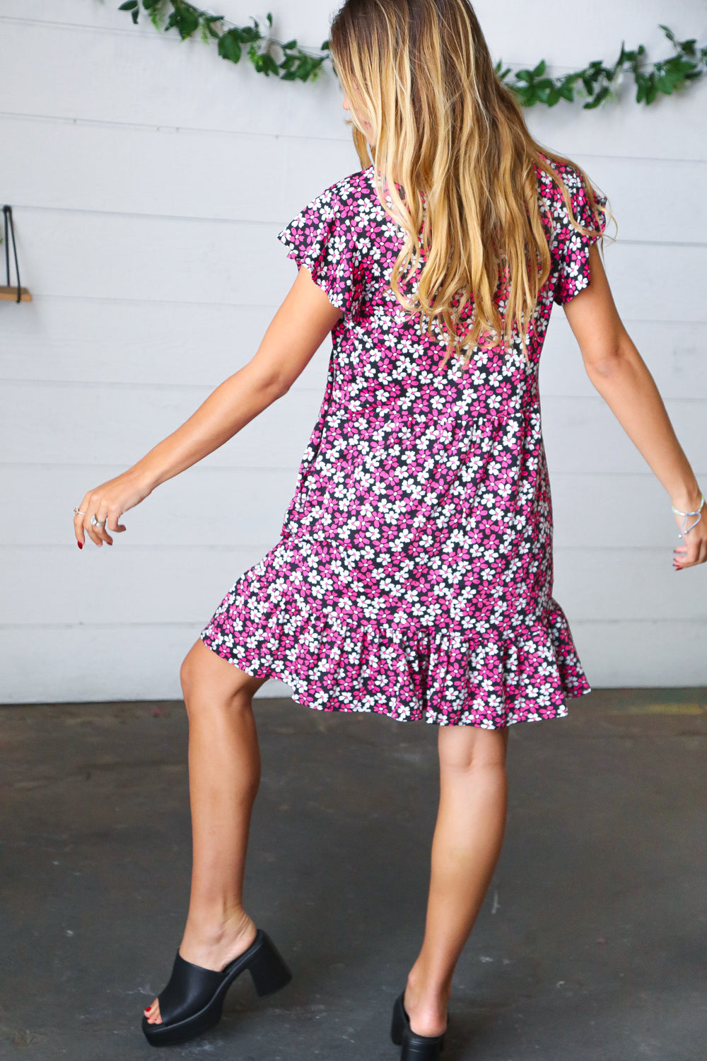 Haptics Black Multicolor Floral Babydoll Flutter Sleeve Midi Dress Final Sale