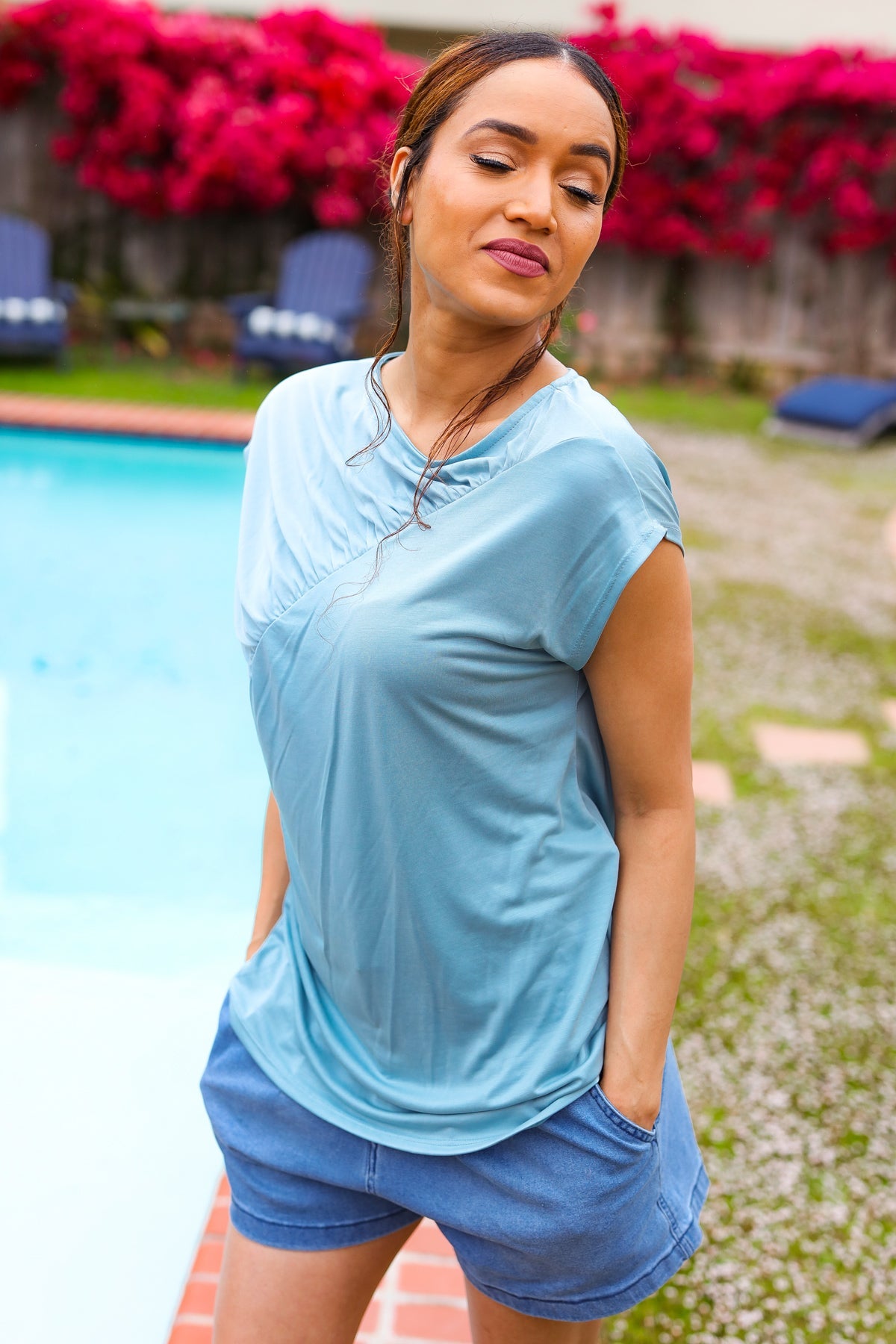 Haptics Aqua Asymmetrical Shirred Modal Top 2024 Blow-Out Sale