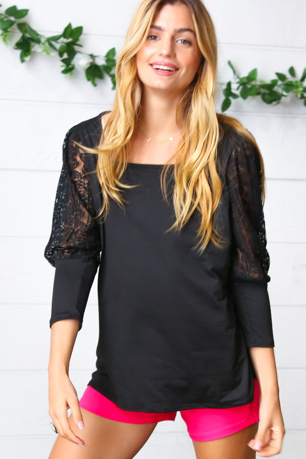 Haptics Black Lace Three Quarter Bubble Sleeve Top Final Sale