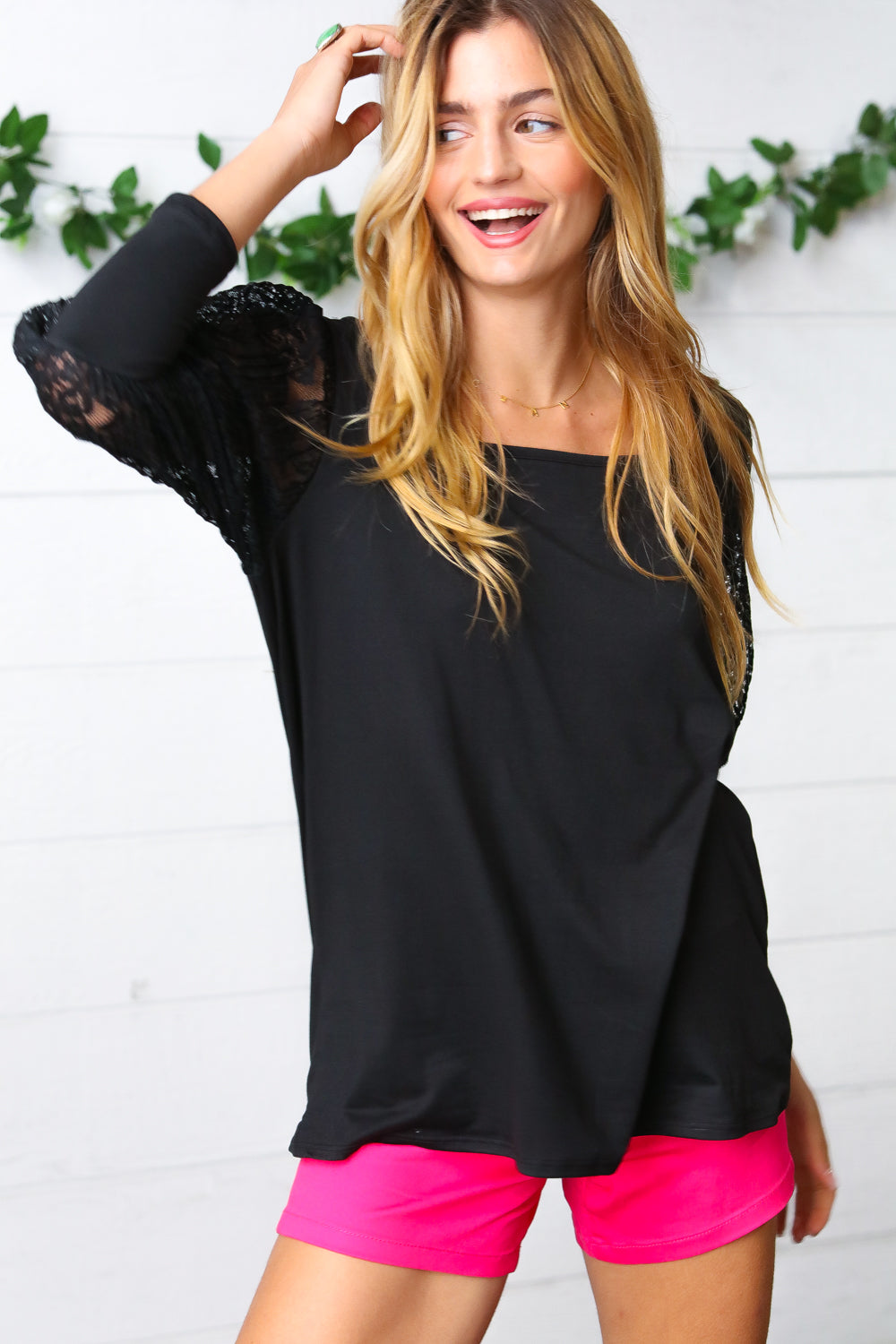 Haptics Black Lace Three Quarter Bubble Sleeve Top Final Sale