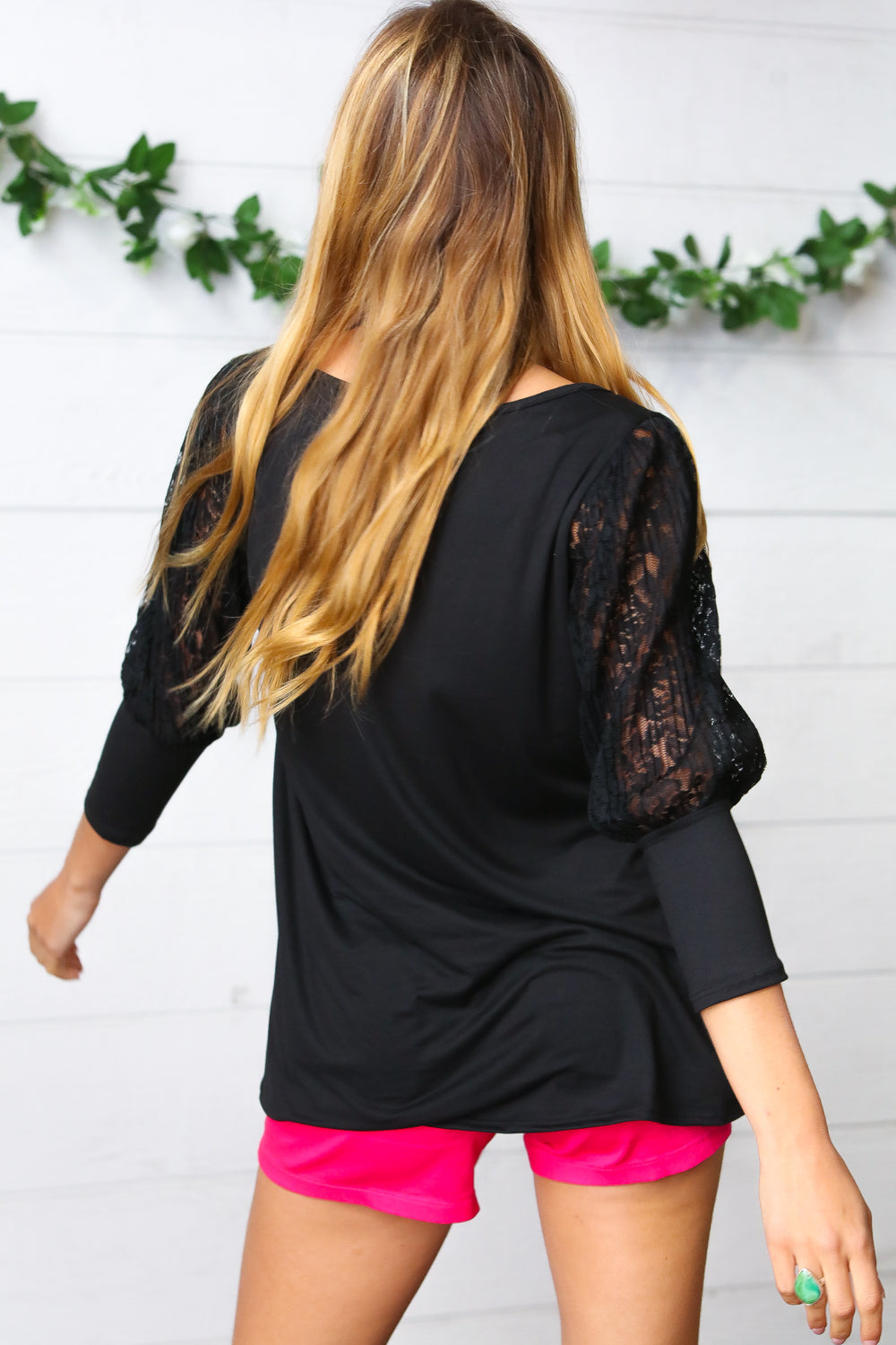 Haptics Black Lace Three Quarter Bubble Sleeve Top Final Sale