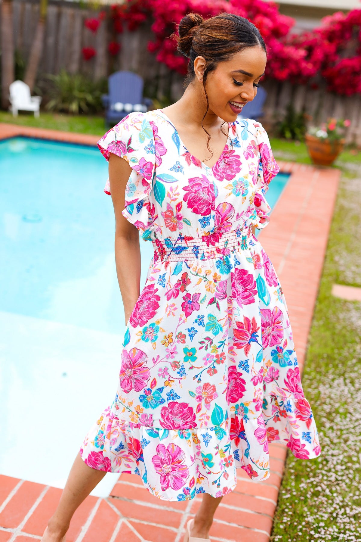 Haptics Hello Beautiful Ivory & Fuchsia Floral Sequin Smock Waist Midi Dress