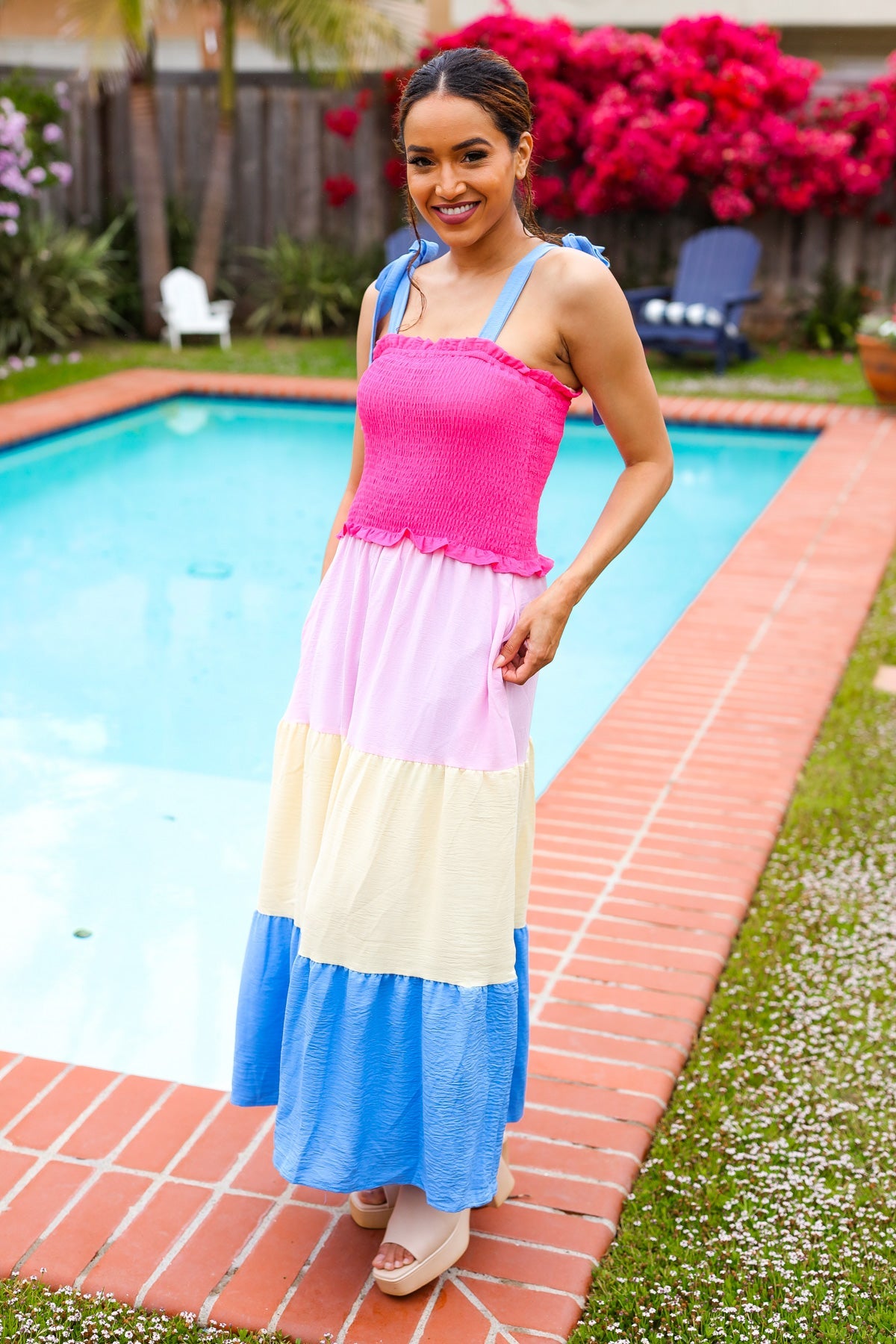 Haptics Vacay Vibes Hot Pink & Blue Smocked Color Block Maxi Dress Final Sale 2024 Blow-Out Sale