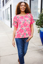 Medium Haptics Floral Back Keyhole Short Smocked Banded Sleeve Top