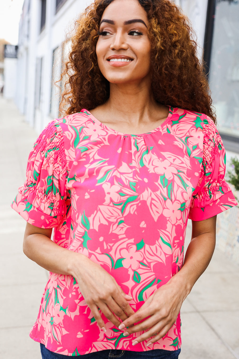 Medium Haptics Floral Back Keyhole Short Smocked Banded Sleeve Top