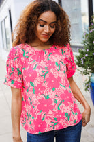 Medium Haptics Floral Back Keyhole Short Smocked Banded Sleeve Top