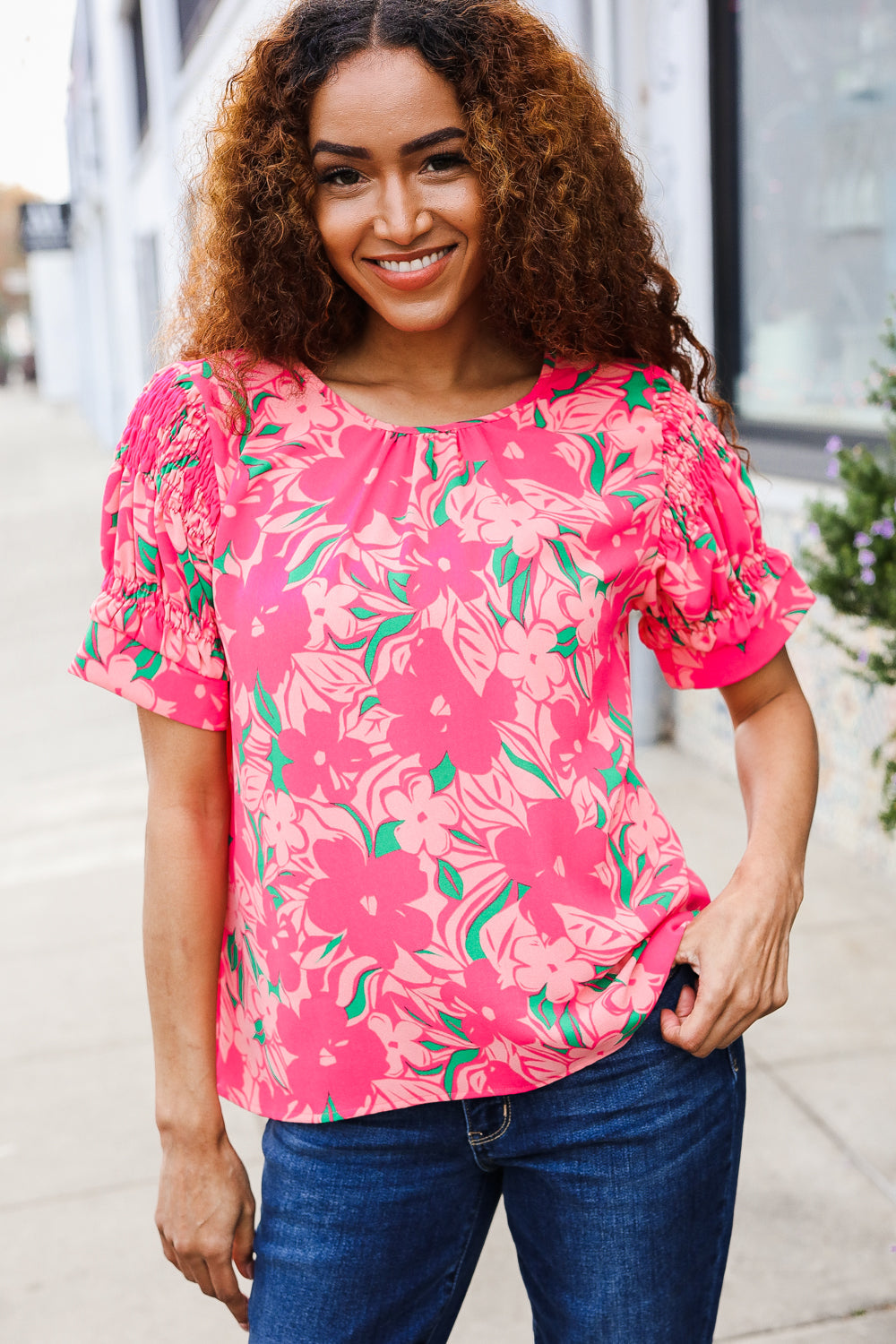 Medium Haptics Floral Back Keyhole Short Smocked Banded Sleeve Top