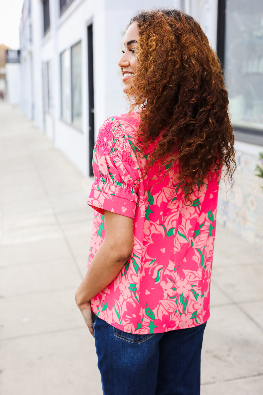Medium Haptics Floral Back Keyhole Short Smocked Banded Sleeve Top