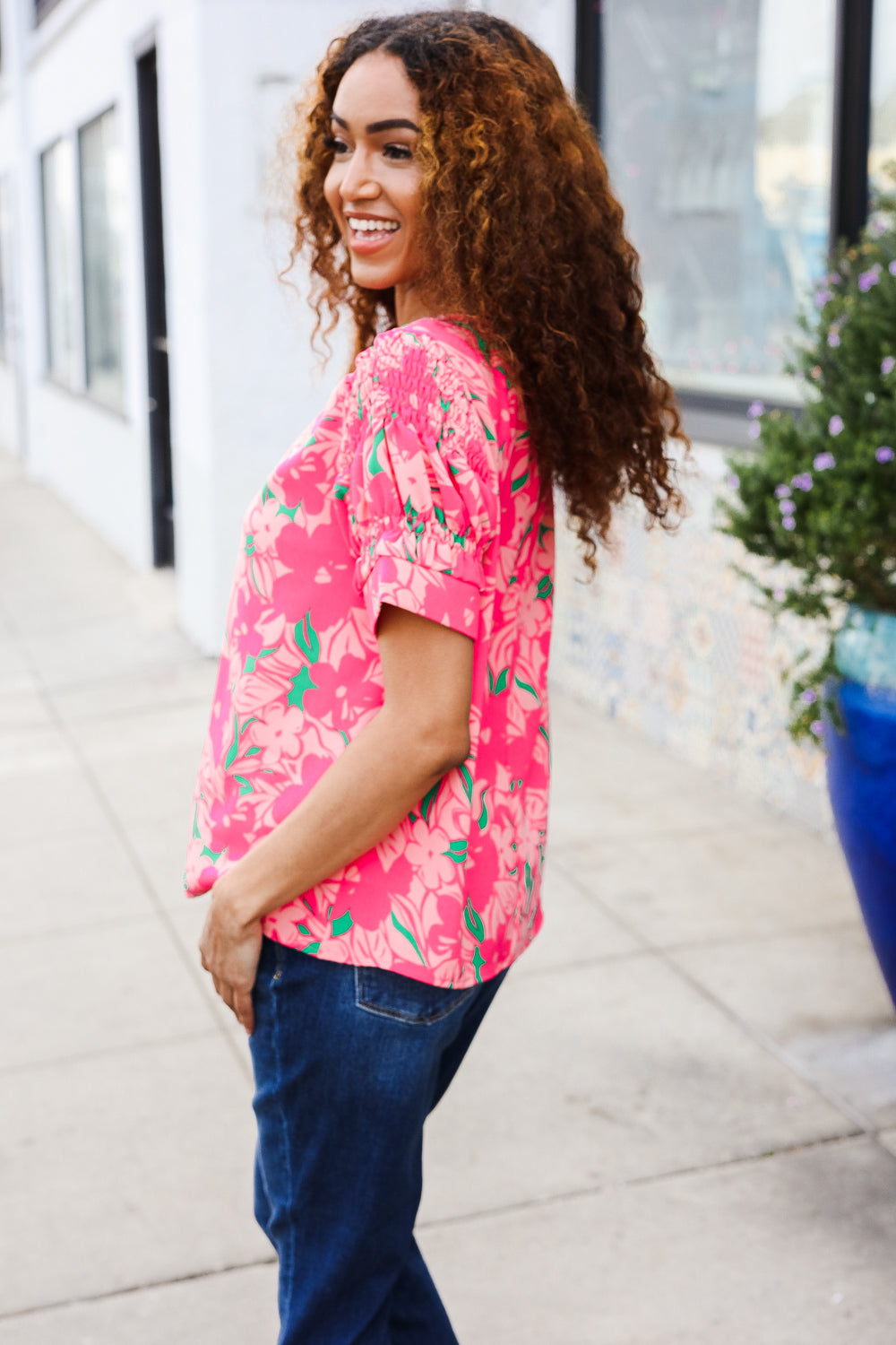 Medium Haptics Floral Back Keyhole Short Smocked Banded Sleeve Top