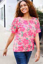 Medium Haptics Floral Back Keyhole Short Smocked Banded Sleeve Top