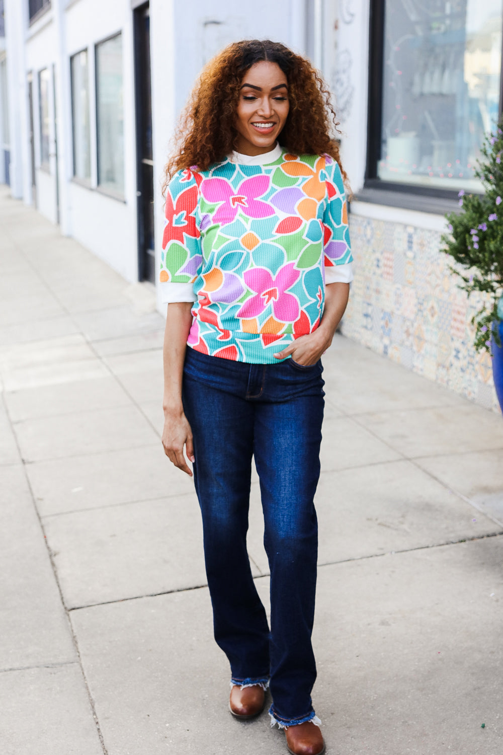 Haptics Multicolor Floral Rib Back Bow Tie Detail Top