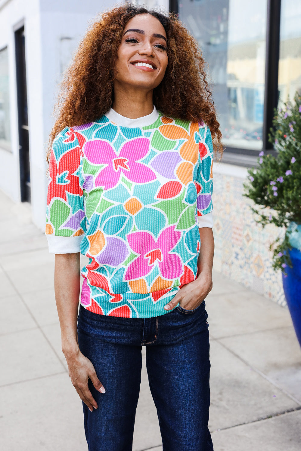 Haptics Multicolor Floral Rib Back Bow Tie Detail Top